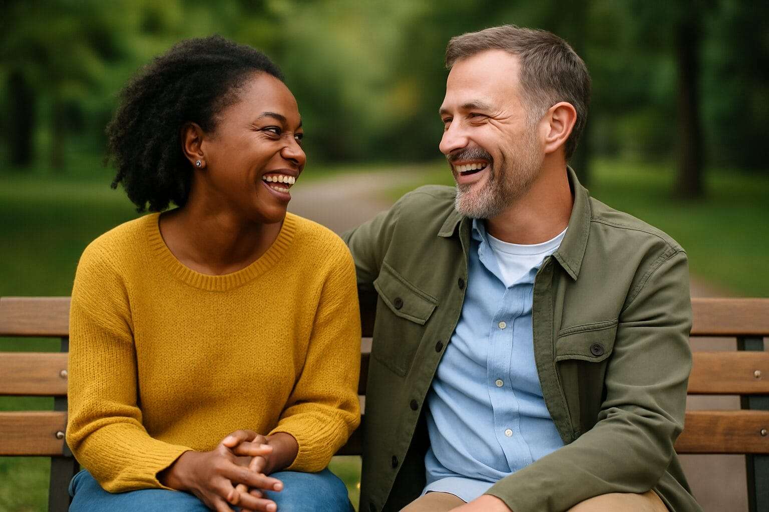 A Black woman and a white man in casual clothing laughing together on a park bench—capturing the warmth and joy of a safe, platonic friendship