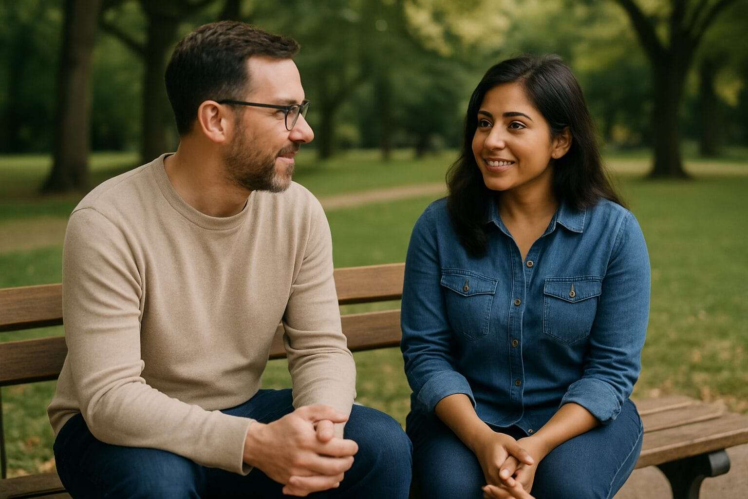 man and woman in their late 30s sitting on a park bench, smiling and talking—symbolizing safe, platonic connection without romantic cues