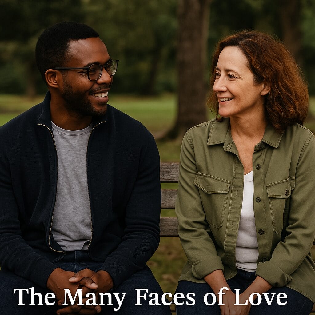 A Black man and a white woman in their 40s sitting on a park bench, smiling warmly during a relaxed conversation—symbolizing non-romantic, platonic connection across gender and culture
