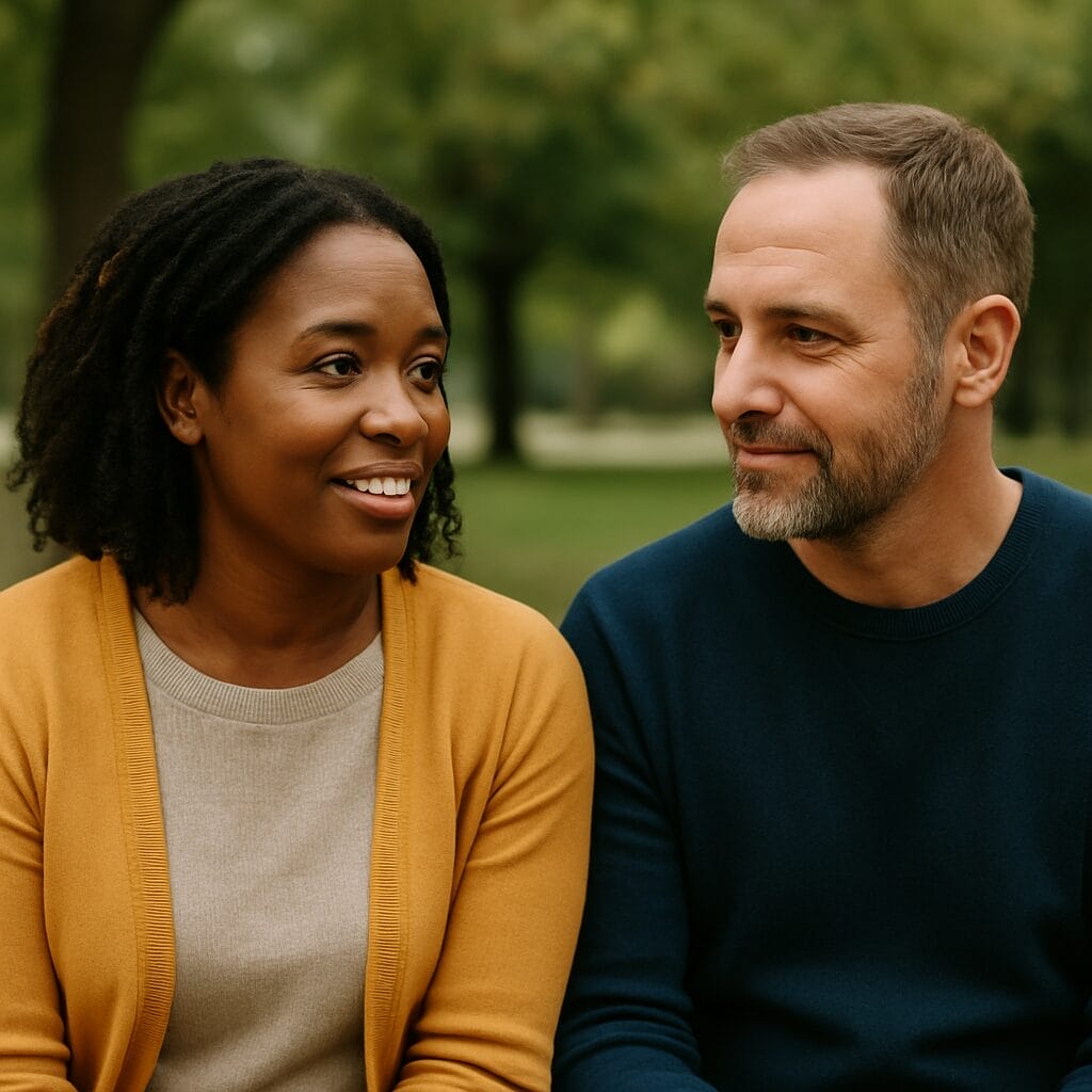 A Black woman and a white man in their 40s sharing a warm conversation on a park bench, symbolizing the quiet safety of platonic connection beyond performance or romance