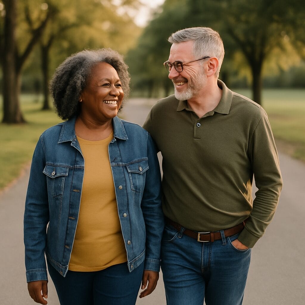 A middle-aged Black woman and white man walking side by side through a park at sunset, laughing together—capturing the ease and warmth of enduring platonic friendship