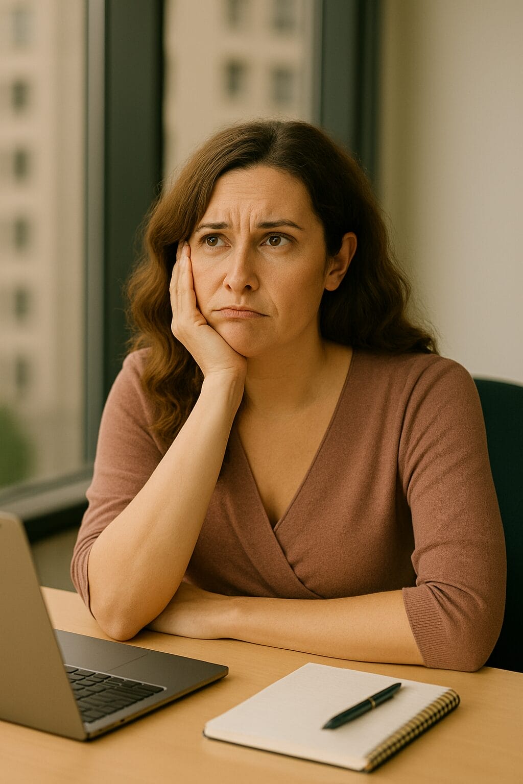 Woman in her mid-30s wearing a dusty rose sweater, sitting at a desk with a frustrated expression, surrounded by a laptop and notebook in a softly lit office