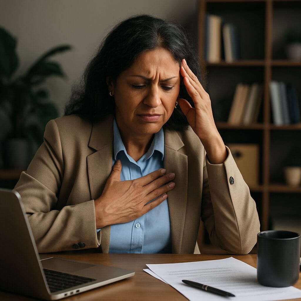 Middle-aged South Asian woman at desk holding chest and temple, showing signs of emotional and physical stress