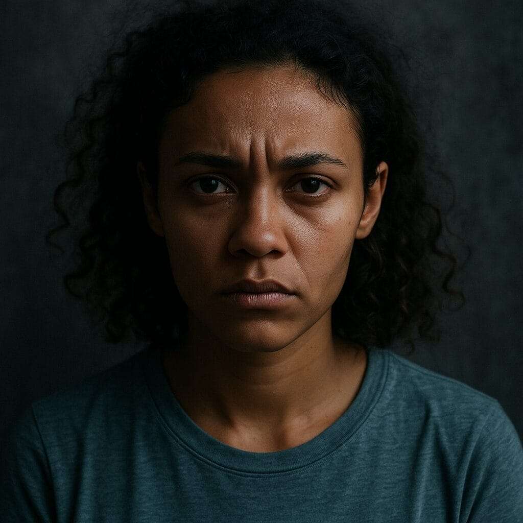 Close-up of a young woman with an intense, defiant gaze—symbolizing radical honesty and breaking free from false narratives.