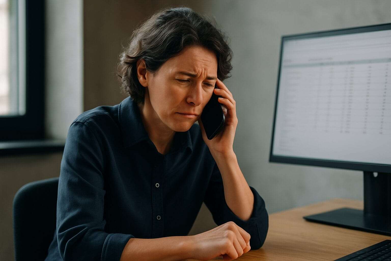 A middle-aged person sitting at a desk, looking distressed while talking on the phone, with a blurred computer screen showing data in the background—capturing the tension of avoiding a necessary business decision.