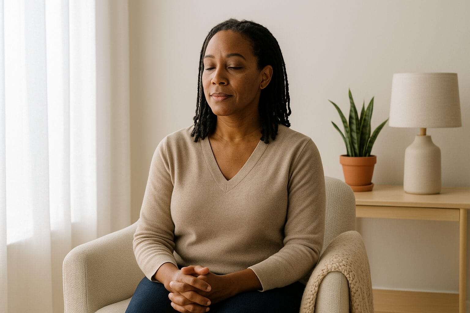 Black woman in her 40s sitting peacefully in a sunlit room, holding space in quiet presence