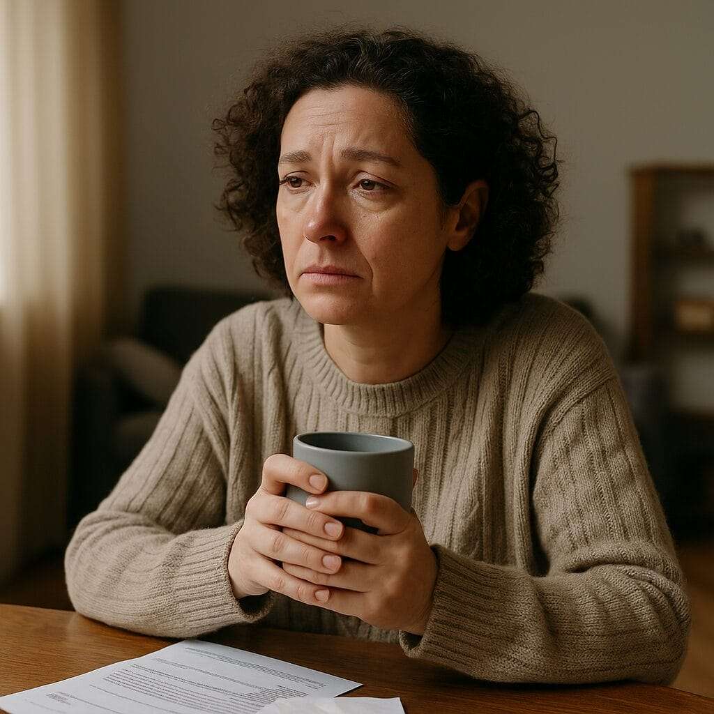 Middle-aged woman holding a mug, eyes teary, looking distant and exhausted with bills on the table