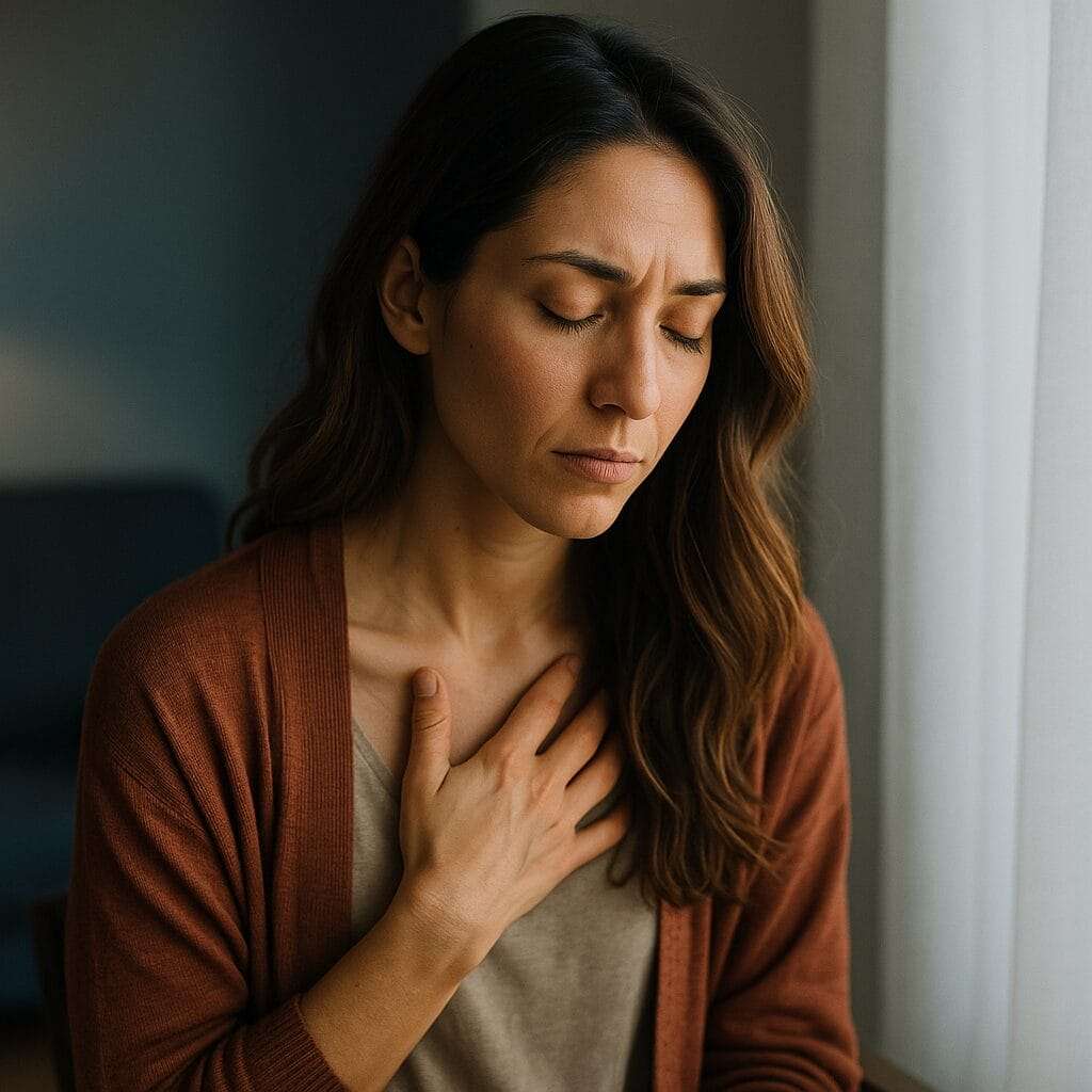 A young woman with closed eyes sits near a softly lit window, one hand resting on her chest, appearing grounded and contemplative.