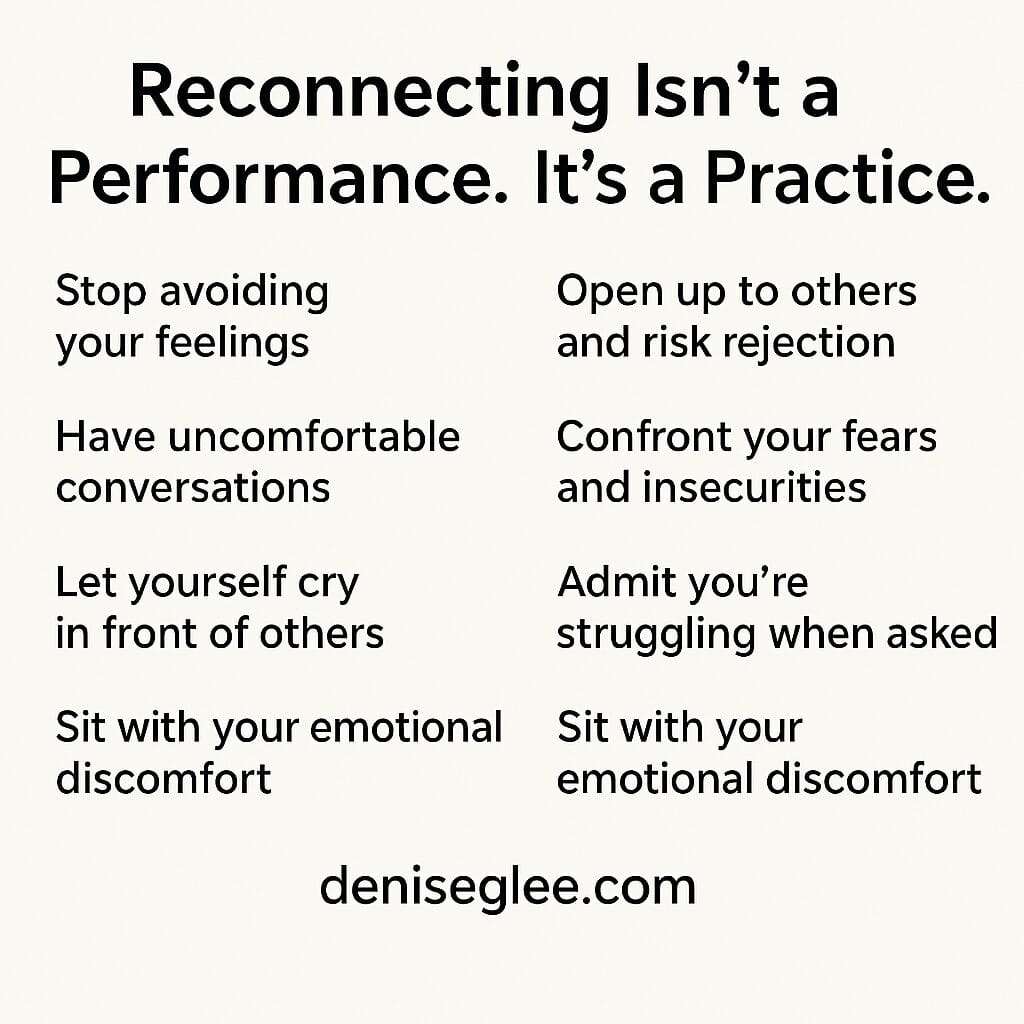 Horizontal list graphic titled “Reconnection Isn’t a Performance. It’s a Practice,” showing seven emotional reconnection cues for leaders