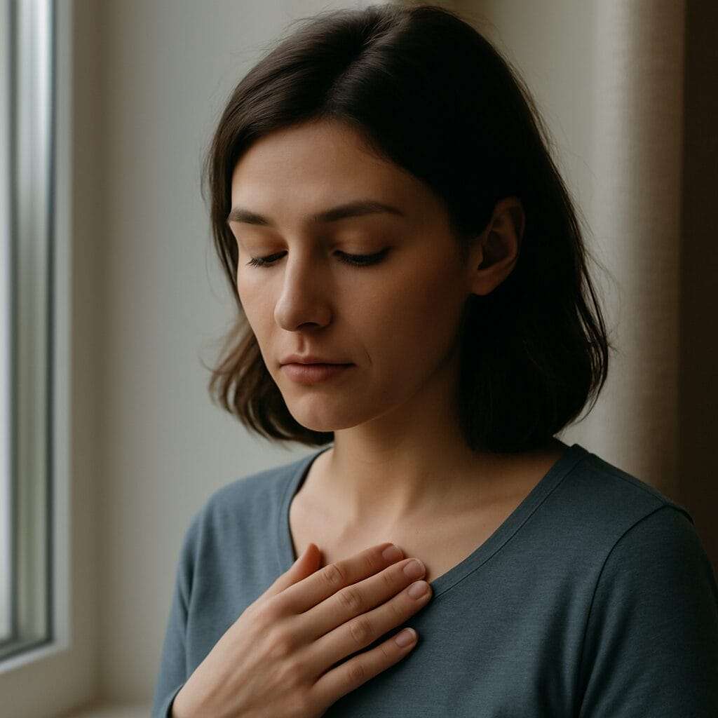 A young woman stands by a window in soft natural light, eyes closed with her hand gently resting on her chest—symbolizing quiet reflection, body awareness, and the emotional imprint of trauma