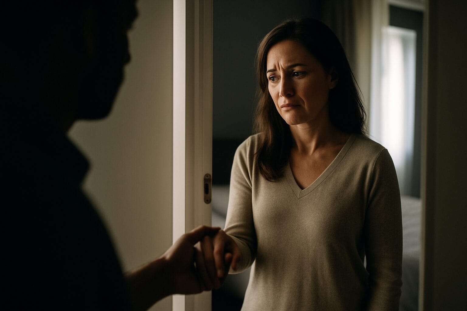 A woman stands near a bedroom doorway, hesitantly holding the hand of a man whose silhouette is barely visible—capturing the tension between emotional readiness and physical vulnerability