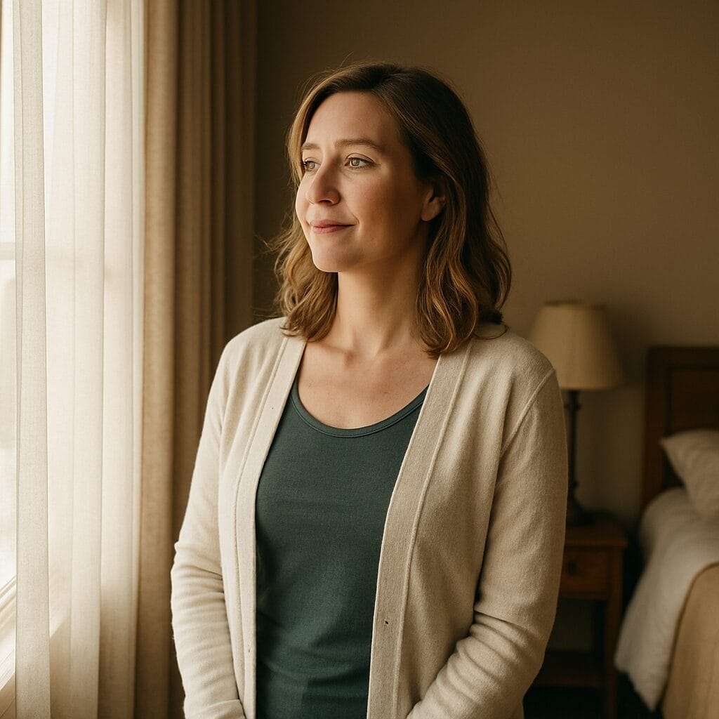 A white woman in her mid-30s stands peacefully by a bedroom window in soft morning light, her expression calm and contemplative. Her surroundings are warm and minimal, symbolizing quiet hope and emotional restoration.