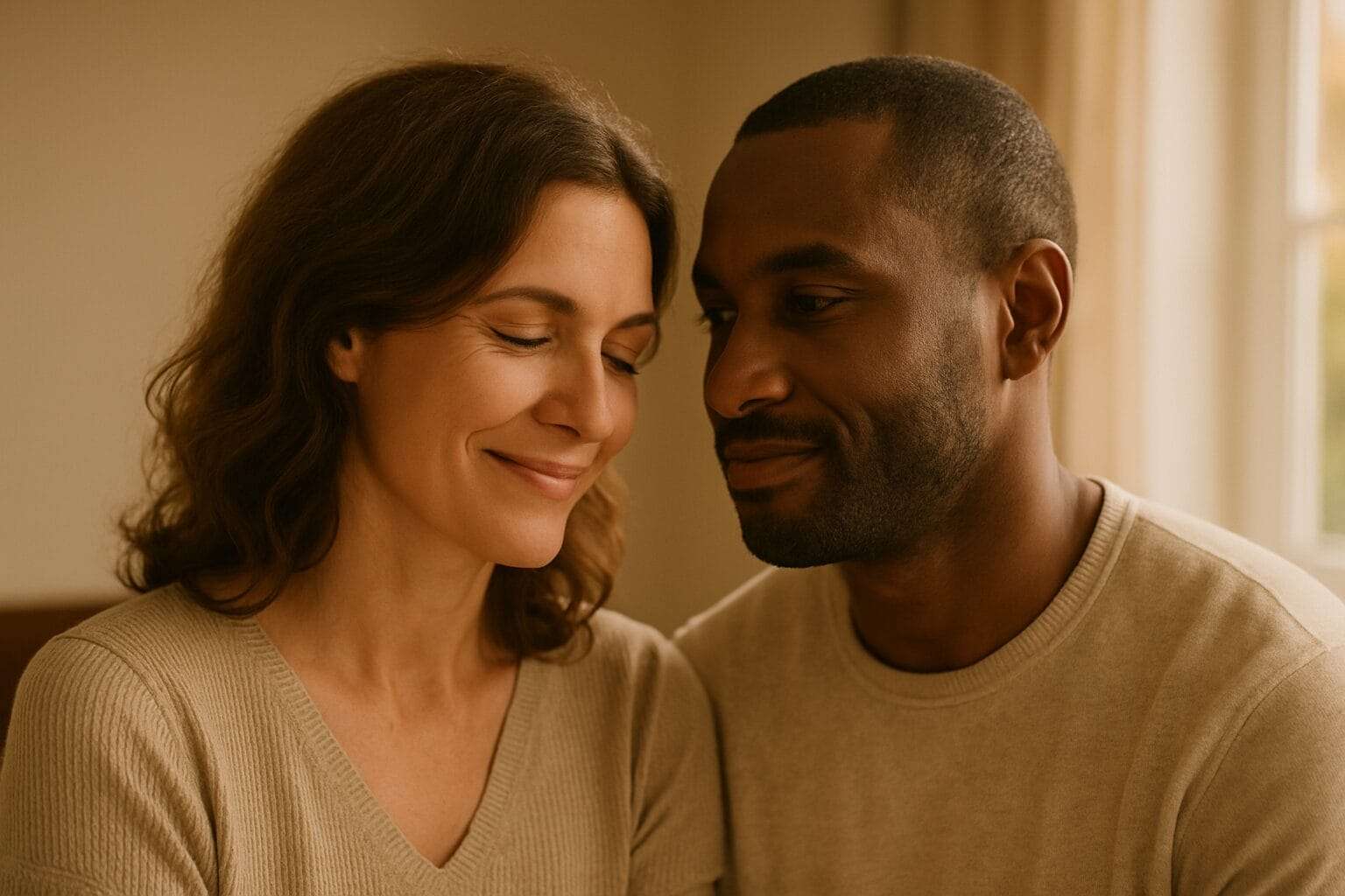A woman leans in gently with a soft smile as a man gazes at her warmly, their body language relaxed and close—capturing a sense of emotional safety and mutual affection