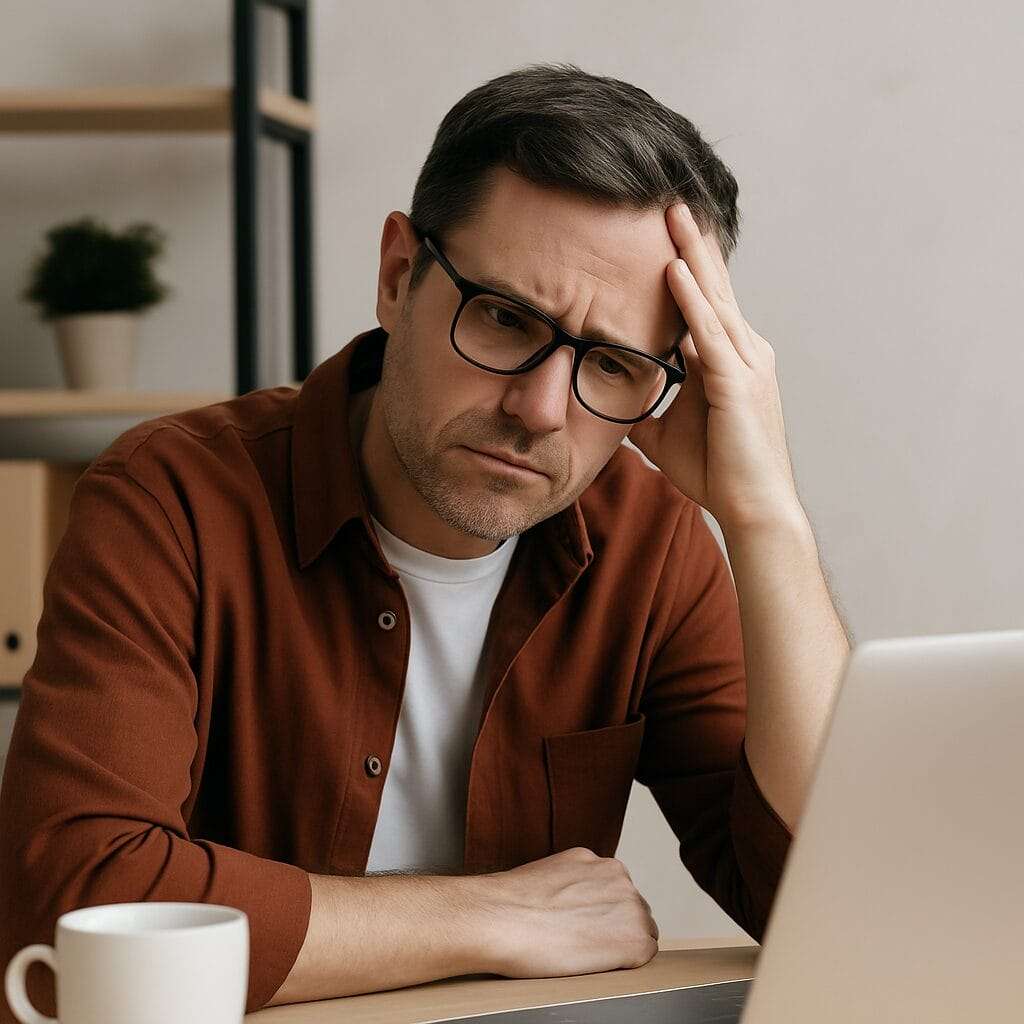 middle-aged man sitting thoughtfully at his desk, representing the internal work of learning to trust oneself again after trauma.