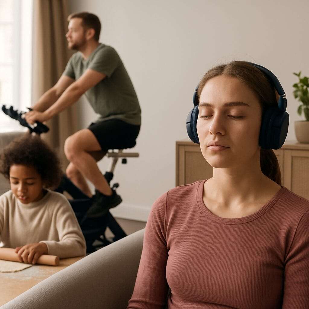 Three people in a calm home setting engaging in sensory activities—one woman with headphones meditating, a girl rolling dough, and a man on a stationary bike