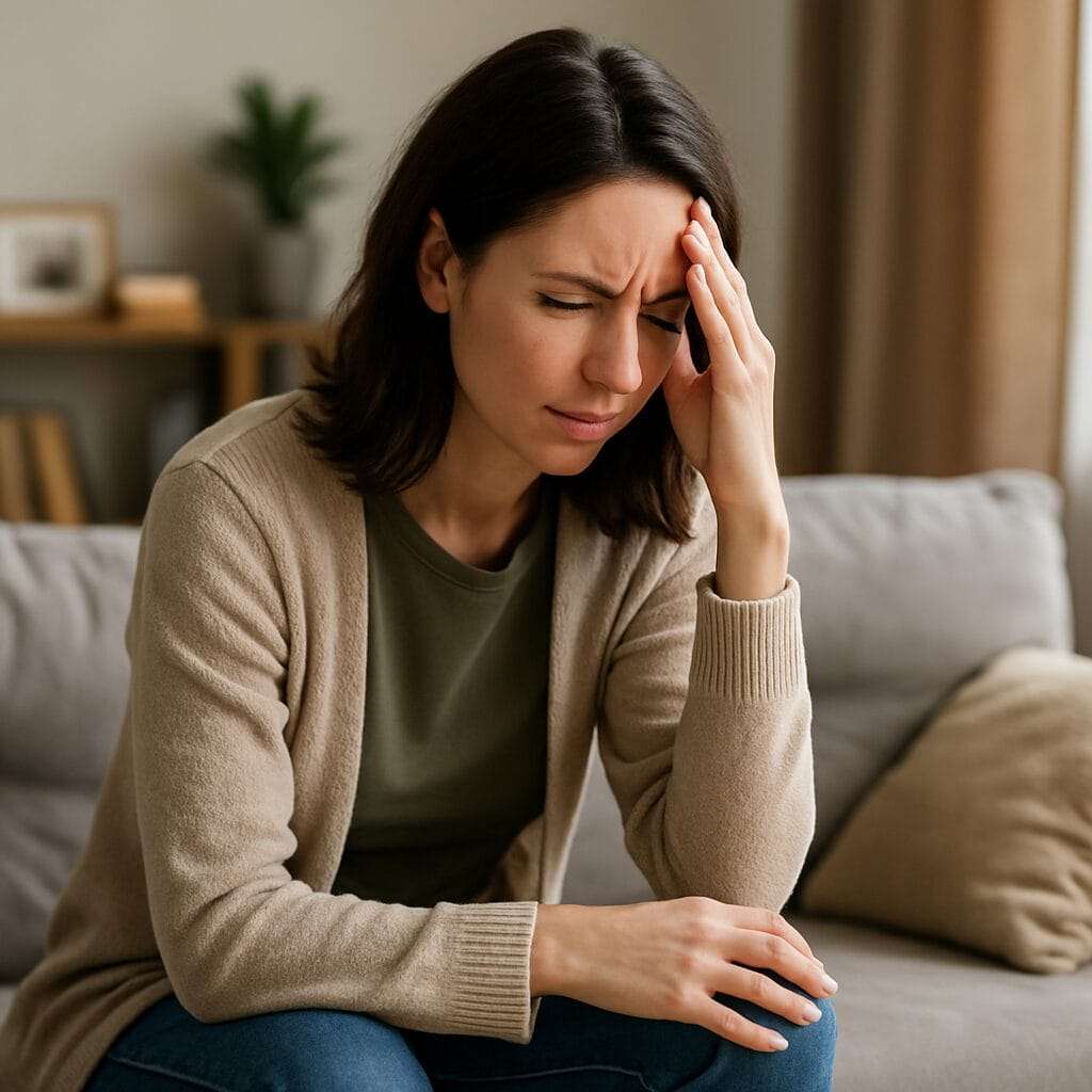 A light-skinned woman sitting on a couch with her hand on her forehead, looking overwhelmed and emotionally drained in a softly lit living room