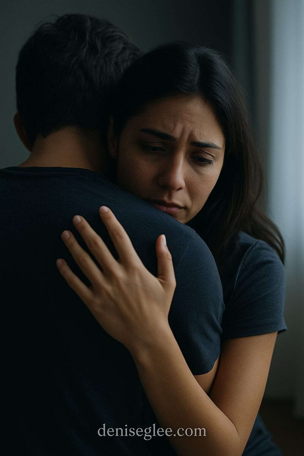 A woman with olive-toned skin embraces her partner while looking away, her expression full of sadness and emotional conflict. The partner’s face is turned away, symbolizing disconnect. The website deniseglee.com appears subtly at the bottom.