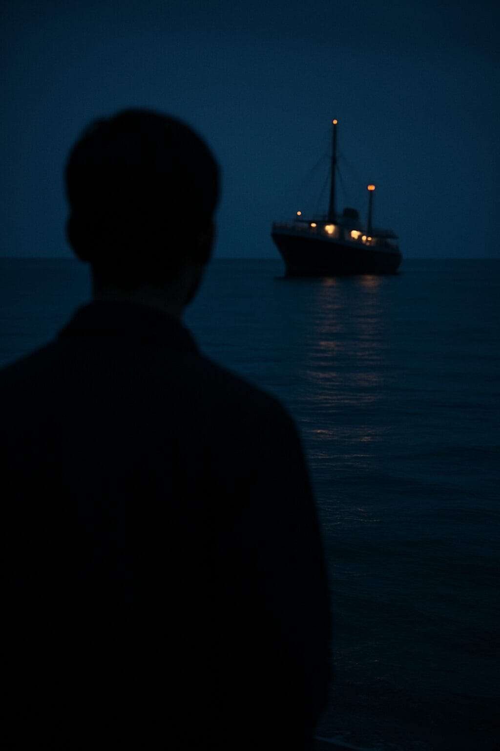 Silhouetted figure stands on the shoreline at night watching an unanchored ship drift into the dark horizon, lights glowing faintly on the water