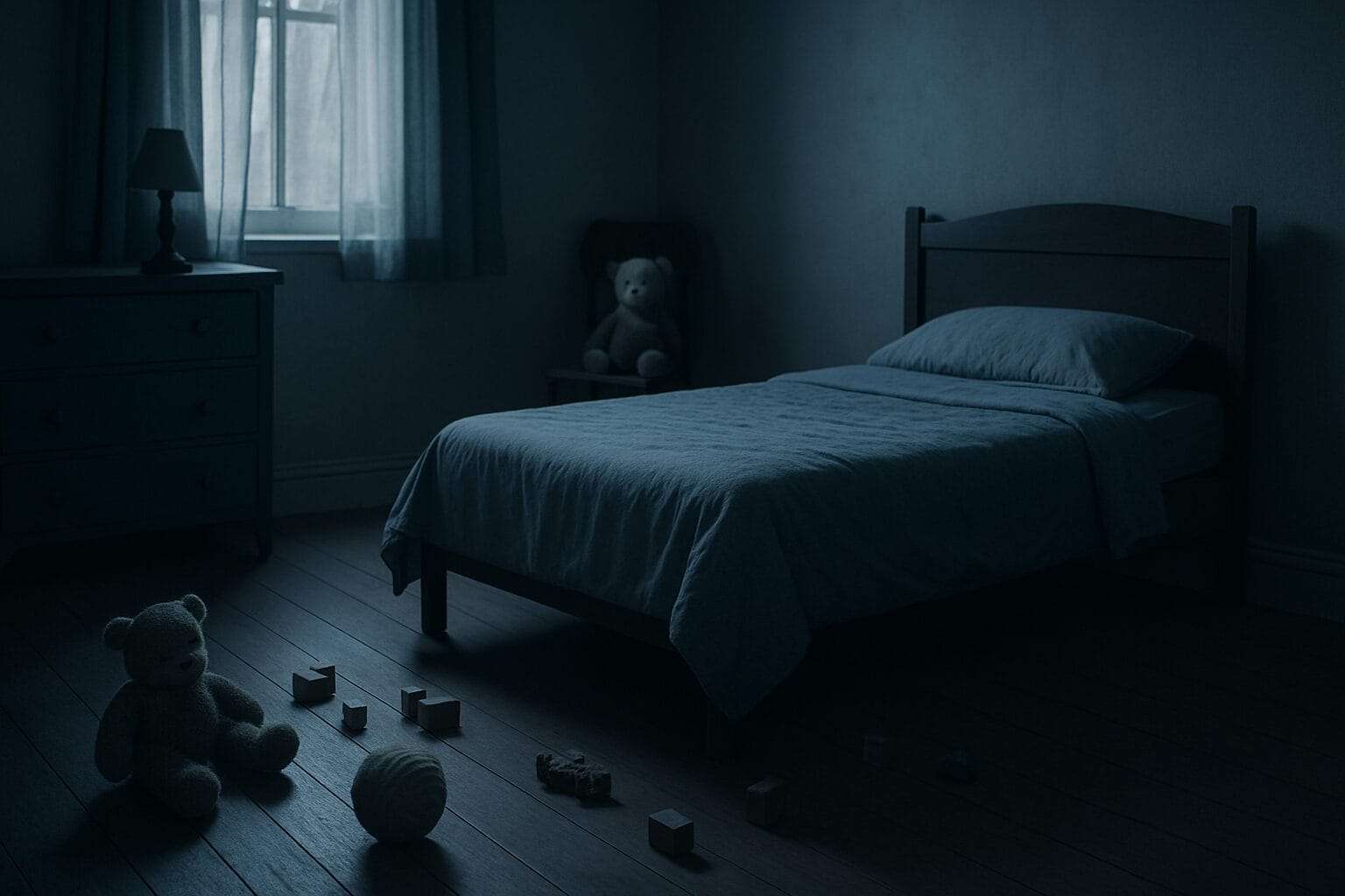 Dimly lit child’s bedroom with scattered toys and empty bed, evoking emotional absence and neglect