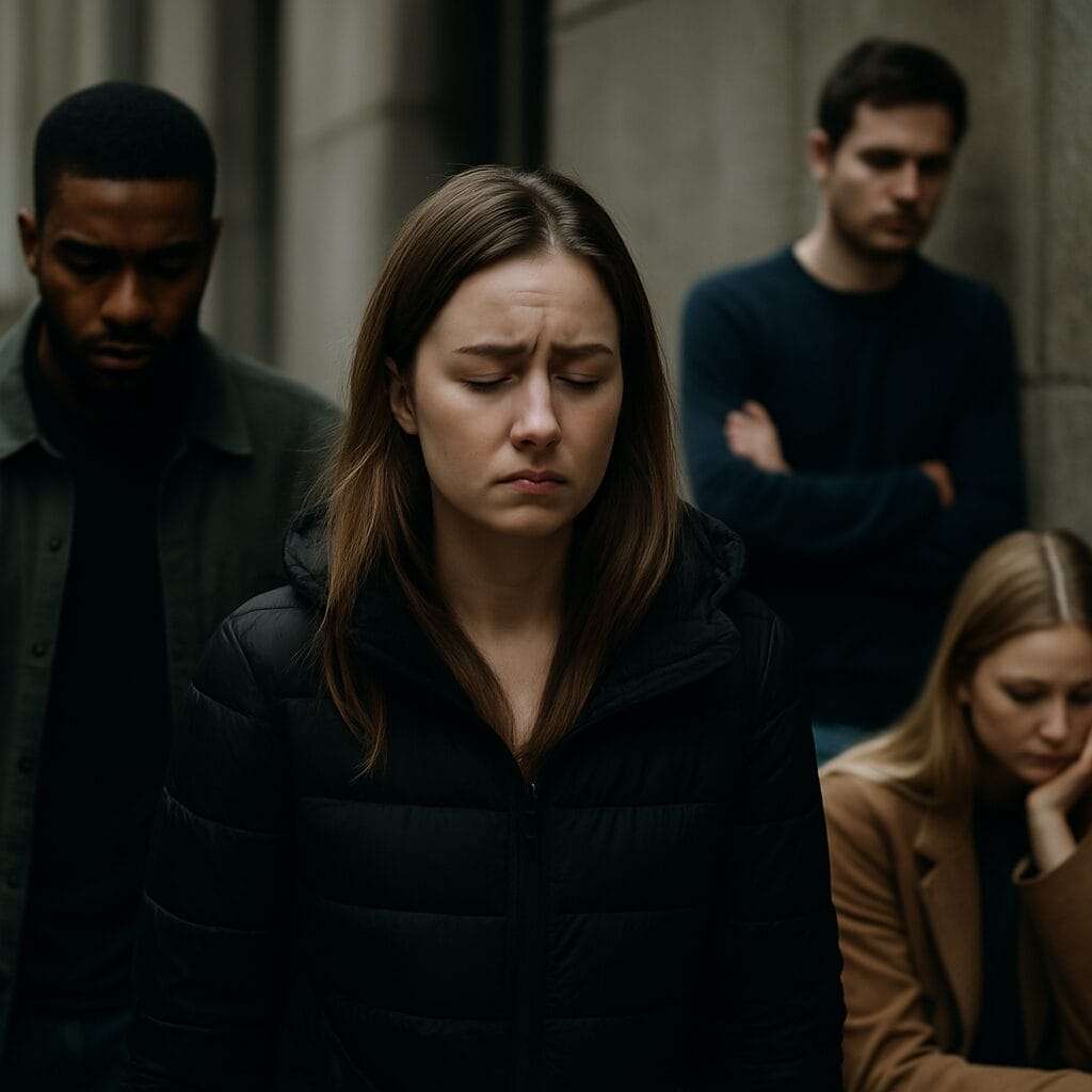 Four individuals in an urban setting with distant, blank expressions, illustrating the emotional disconnection often associated with numbness