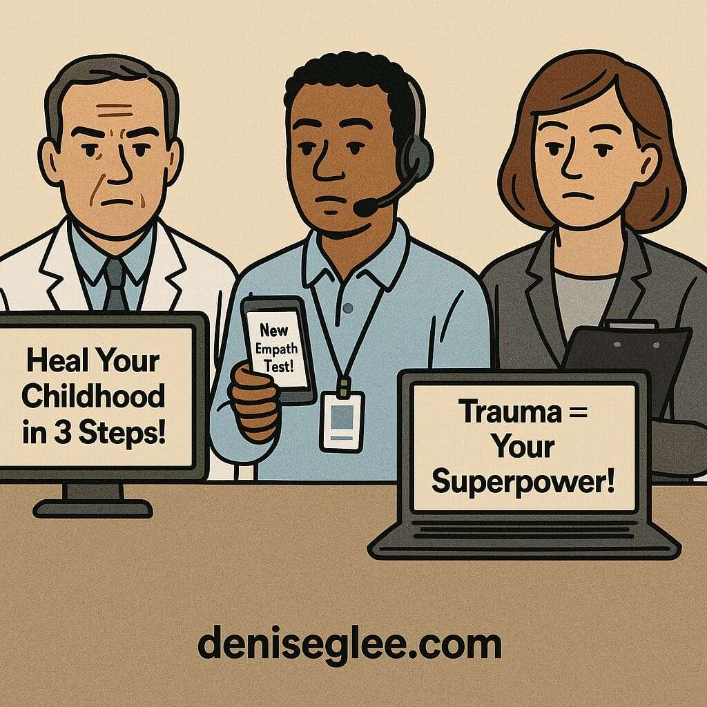 Cartoon-style illustration of a doctor, therapist, and coach looking blankly at screens displaying pop psychology content like “Heal Your Childhood in 3 Steps!” and “Trauma = Your Superpower!” The characters appear emotionally indifferent. The image includes deniseglee.com at the bottom.