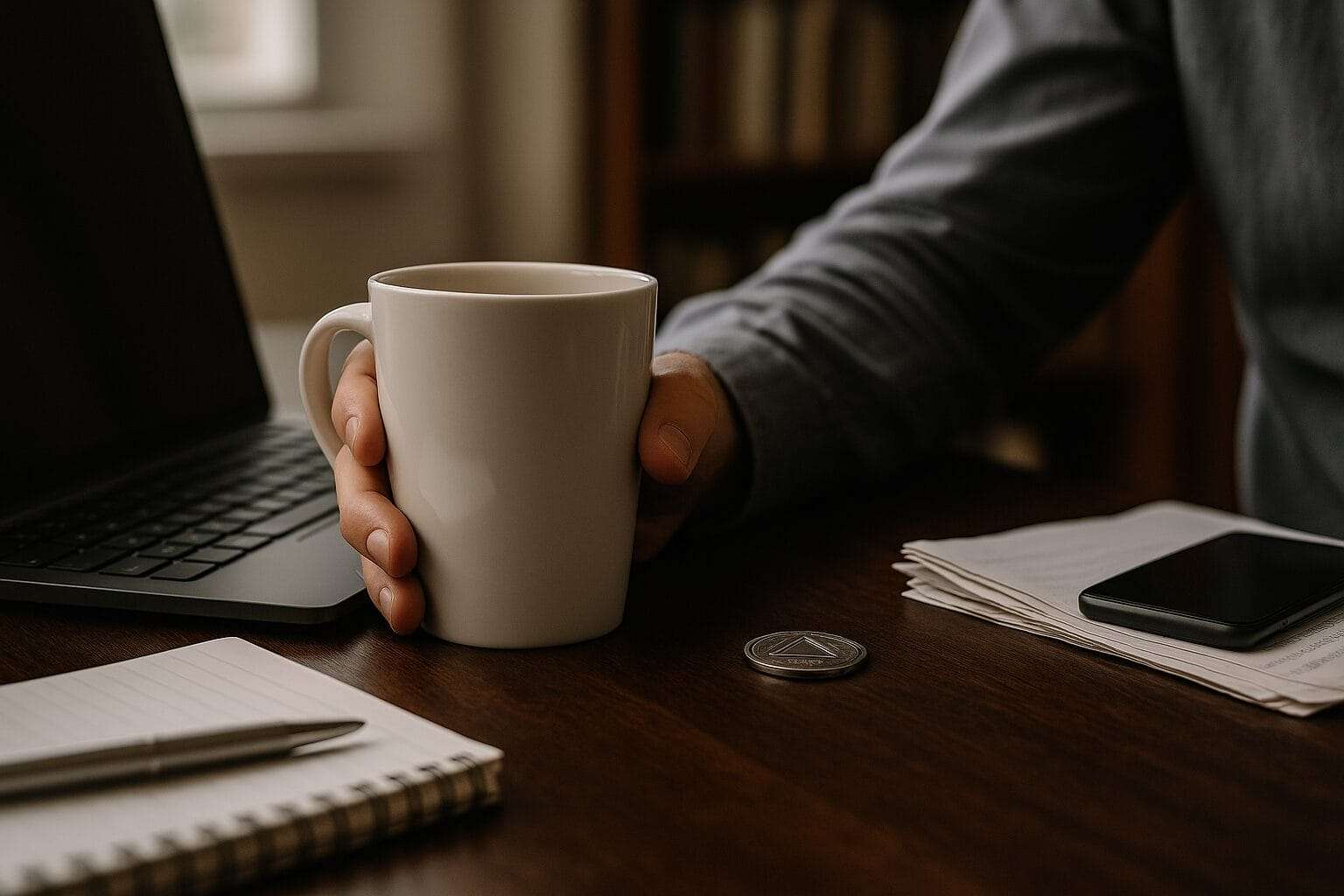 A close-up of a person's hand holding a white coffee mug on a cluttered desk with a sobriety chip, laptop, notebook, and smartphone—capturing the quiet focus of recovery in the midst of work