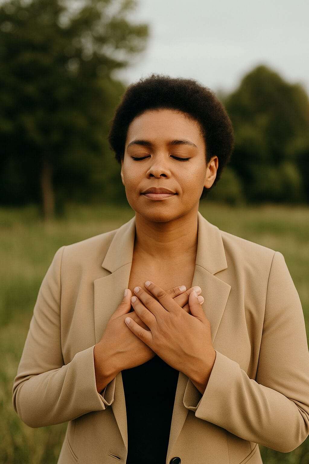 African American woman in a tan blazer standing outdoors with eyes closed and hands over heart, conveying calm, spiritual leadership and inner grounding