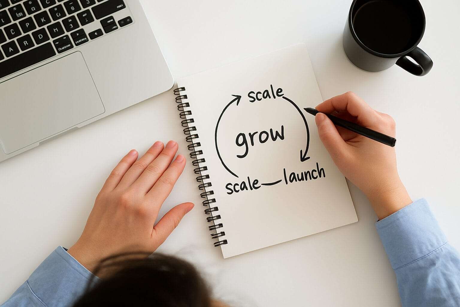 Overhead view of a woman sketching a circular flowchart with the words grow, scale, and launch in a notebook beside a laptop and coffee mug—representing misaligned business strategy loops
