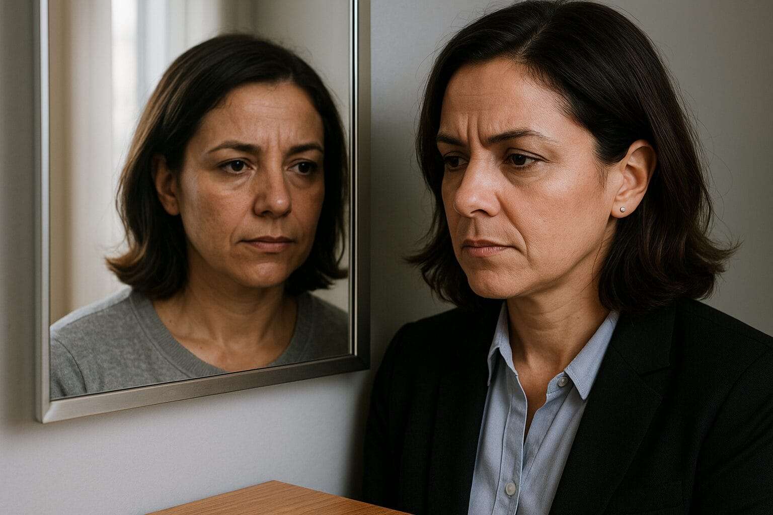 woman staring at herself with another woman looks like her is drained and tired