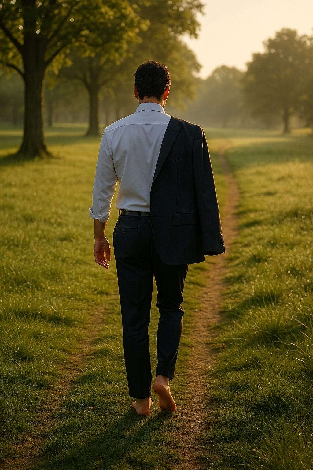 Man in business attire walking barefoot on a sunlit path through a grassy park, symbolizing spiritual realignment and returning to inner truth