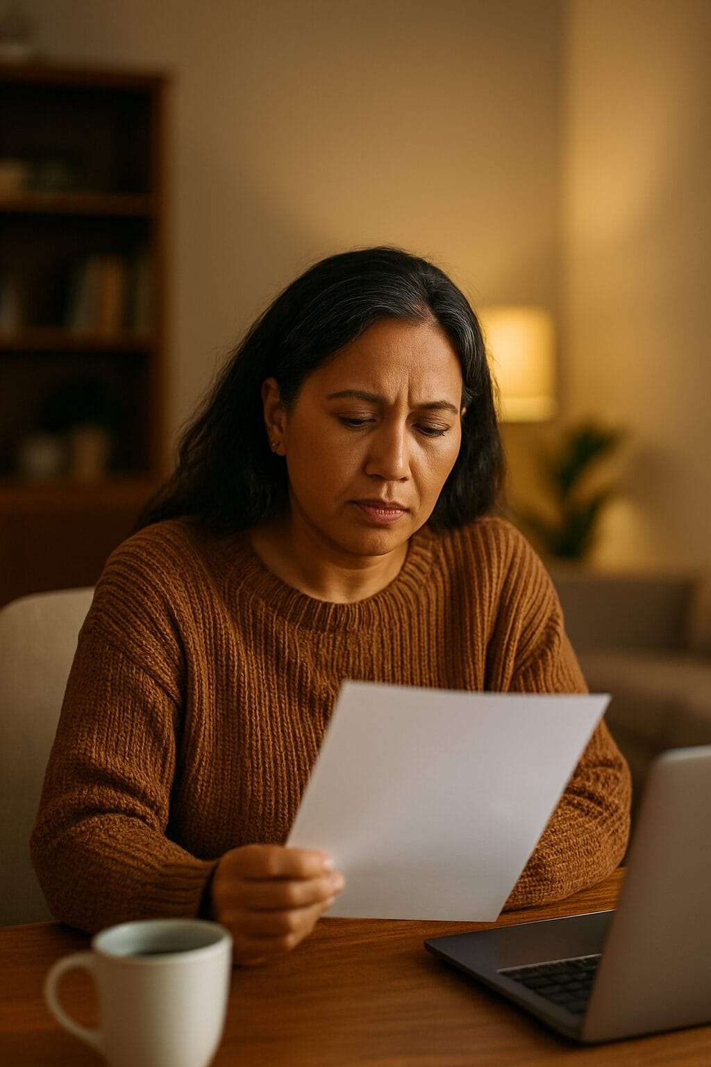 Pacific Islander woman in her 40s processing written feedback at home, holding a paper with focused expression, choosing emotional regulation over reaction