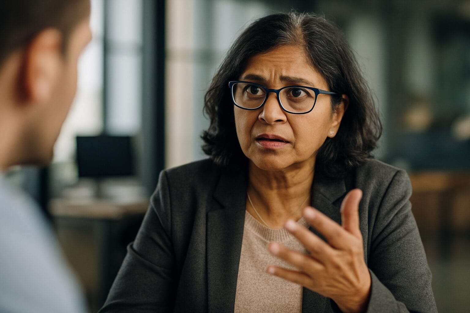 Middle-aged Indian woman in a professional setting listening attentively during a business meeting