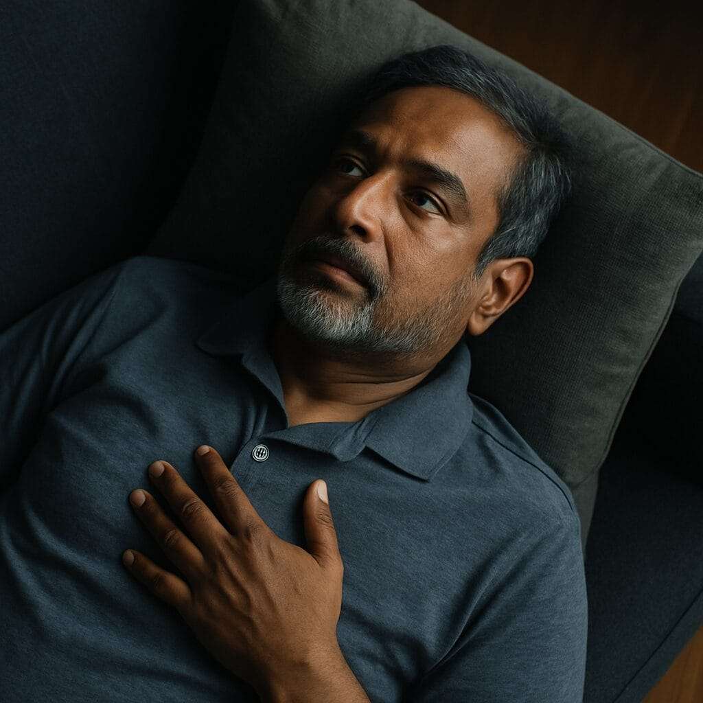 Middle-aged South Asian man lying on a couch with hand on chest, eyes open in deep reflection, symbolizing the emotional toll and chemical grip of stress and shame in addiction recovery