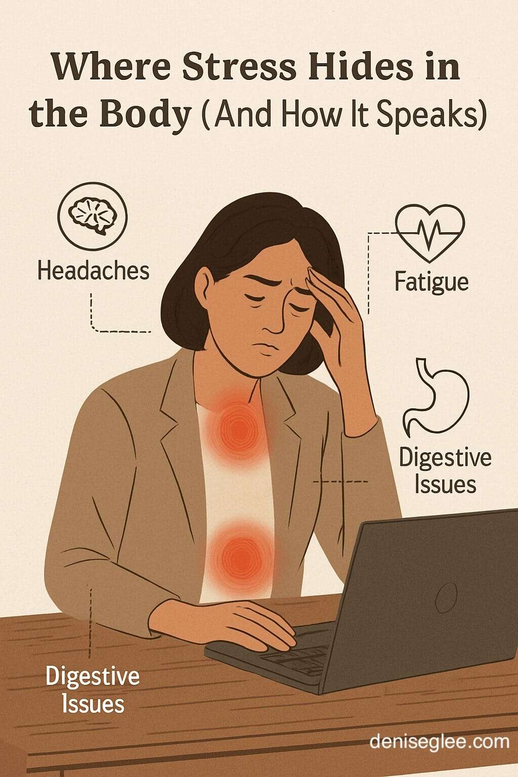 Realistic digital illustration of a woman at her laptop with red stress zones on her head, chest, and abdomen