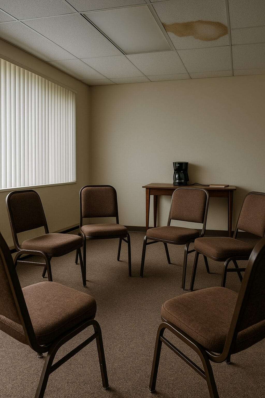Modest recovery meeting room with worn brown chairs in a circle, a drip-stained ceiling tile, and a basic coffee maker on a wooden table near the wall
