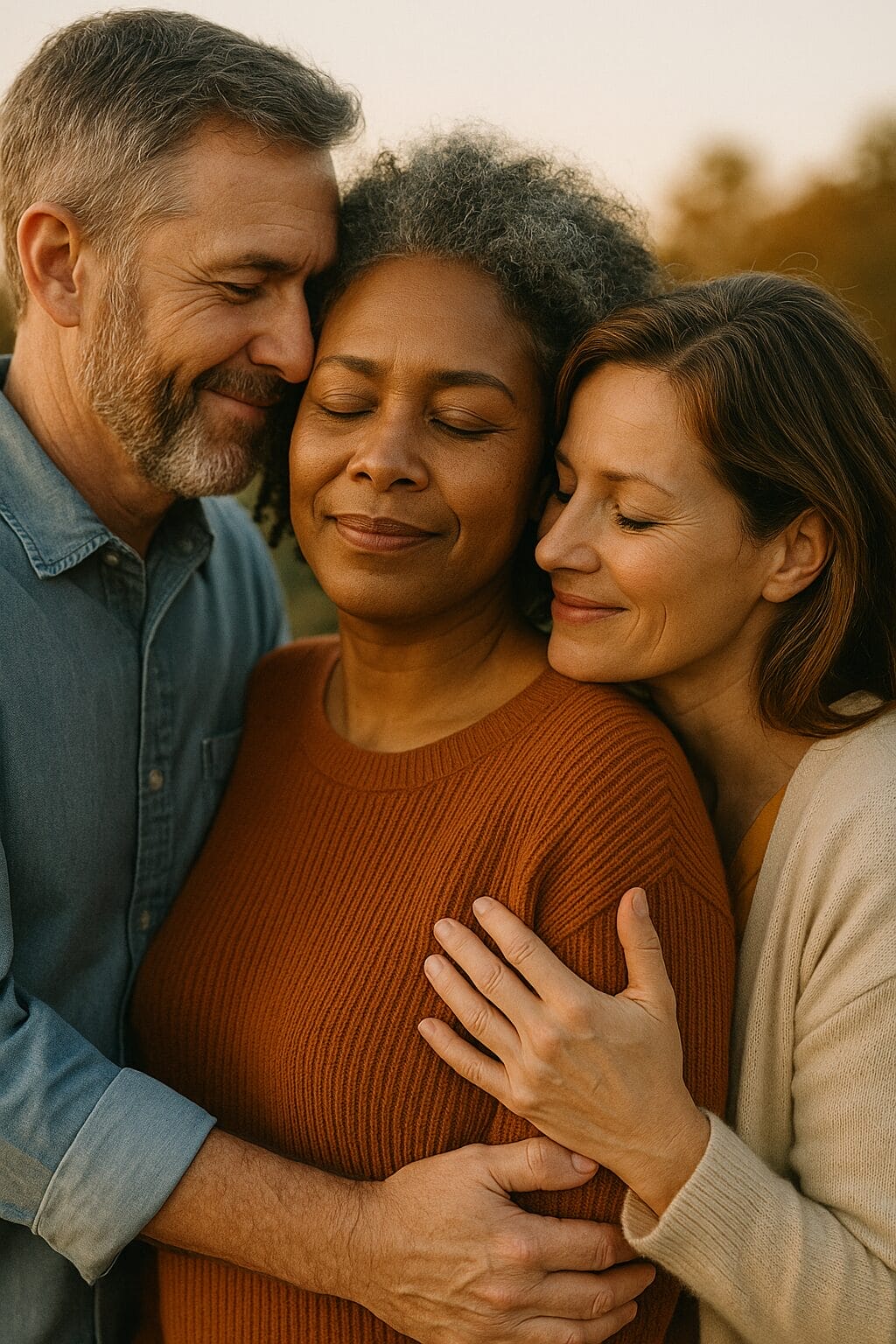 A middle-aged Black woman in a burnt-orange sweater stands peacefully embraced by two loved ones, eyes closed and smiling softly—symbolizing emotional safety and being held in healing