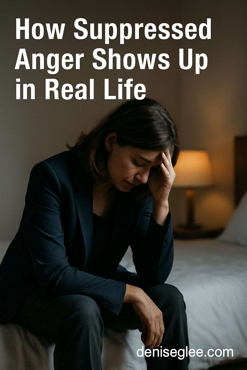 Woman sitting quietly with hunched shoulders, showing signs of emotional exhaustion and suppressed anger