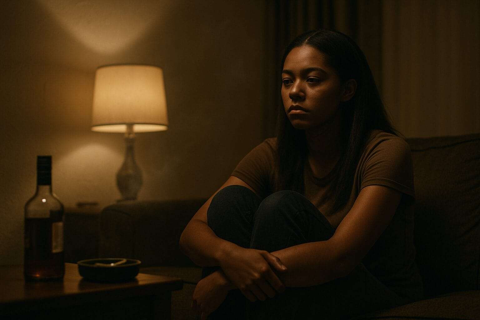 A 15-year-old Black girl sits curled up on a couch in a dim room, arms around her knees, with a distant expression. A lamp glows softly behind her, and a bottle and ashtray sit on a nearby table, hinting at emotional overwhelm and quiet survival.