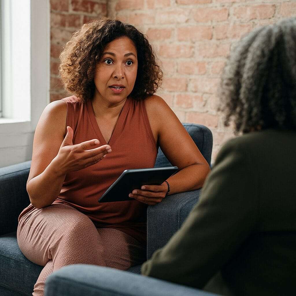 A close-up of a person's hand holding a white coffee mug on a cluttered desk with a sobriety chip, laptop, notebook, and smartphone—capturing the quiet focus of recovery in the midst of work