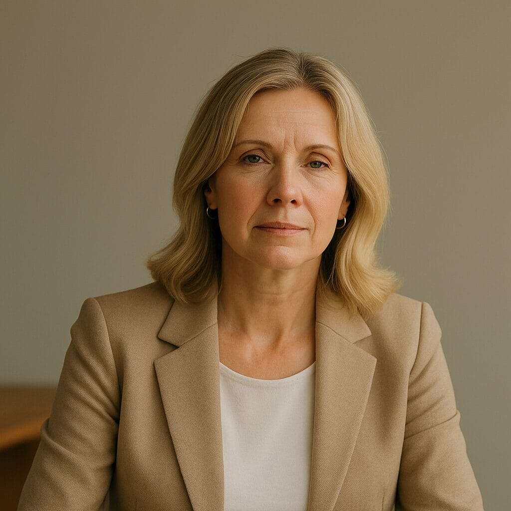 Middle-aged white woman with soft waves and neutral expression in beige blazer