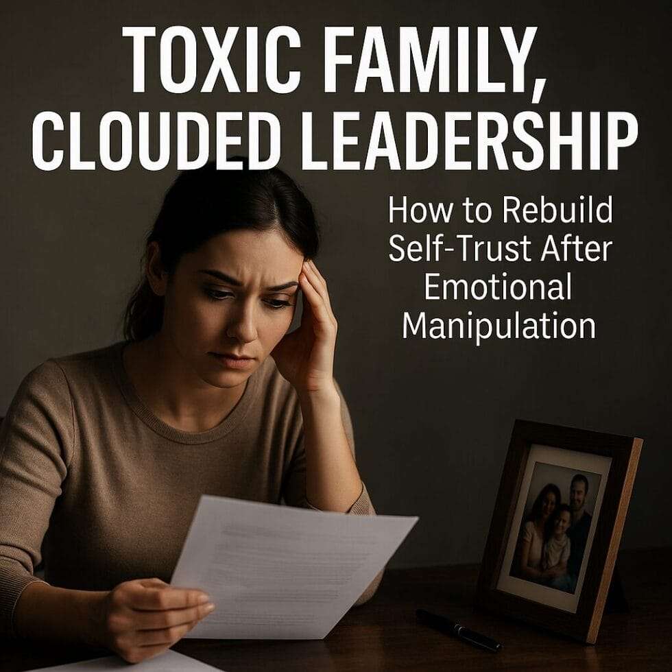 A woman sits at a table holding a business document, looking distressed. A family photo and pen rest beside her. The text reads: “Toxic Family, Clouded Leadership – How to Rebuild Self-Trust After Emotional Manipulation.