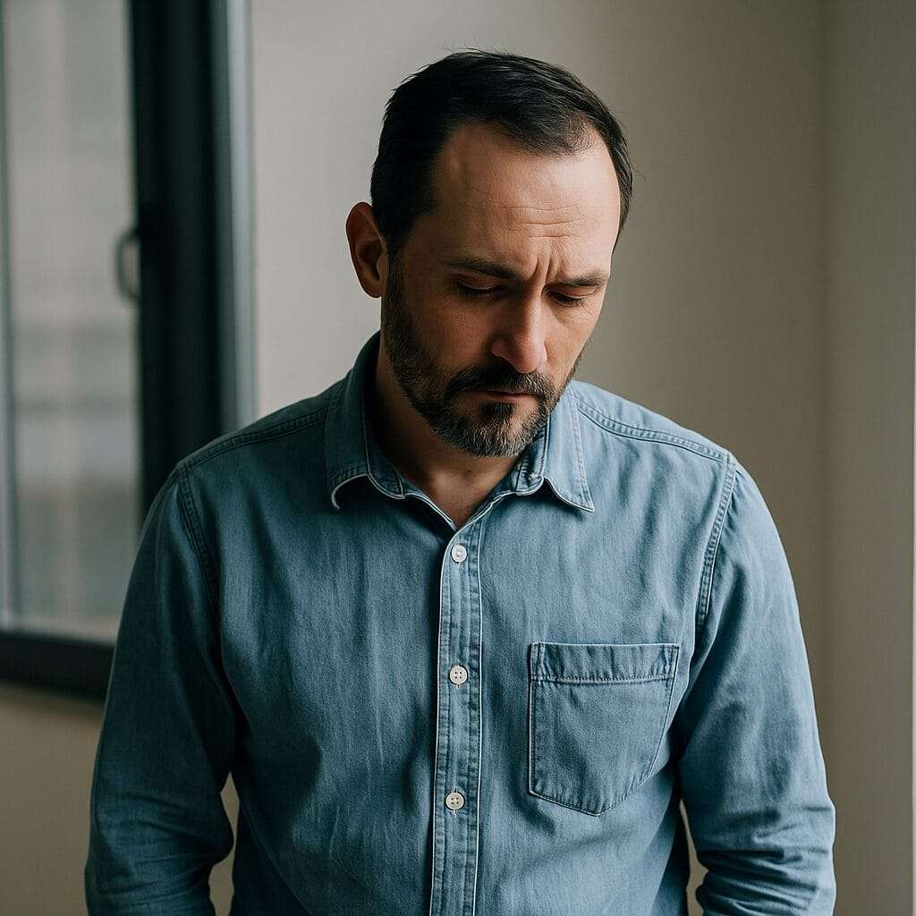 A middle-aged man in a faded denim shirt stands near a window, looking down with a somber expression, lit by soft natural light.