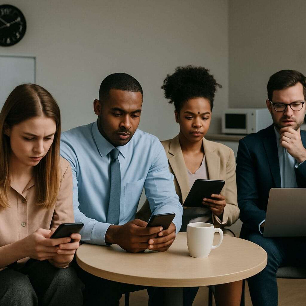 Four disengaged employees in a break room, each absorbed in their own device, showing signs of emotional detachment
