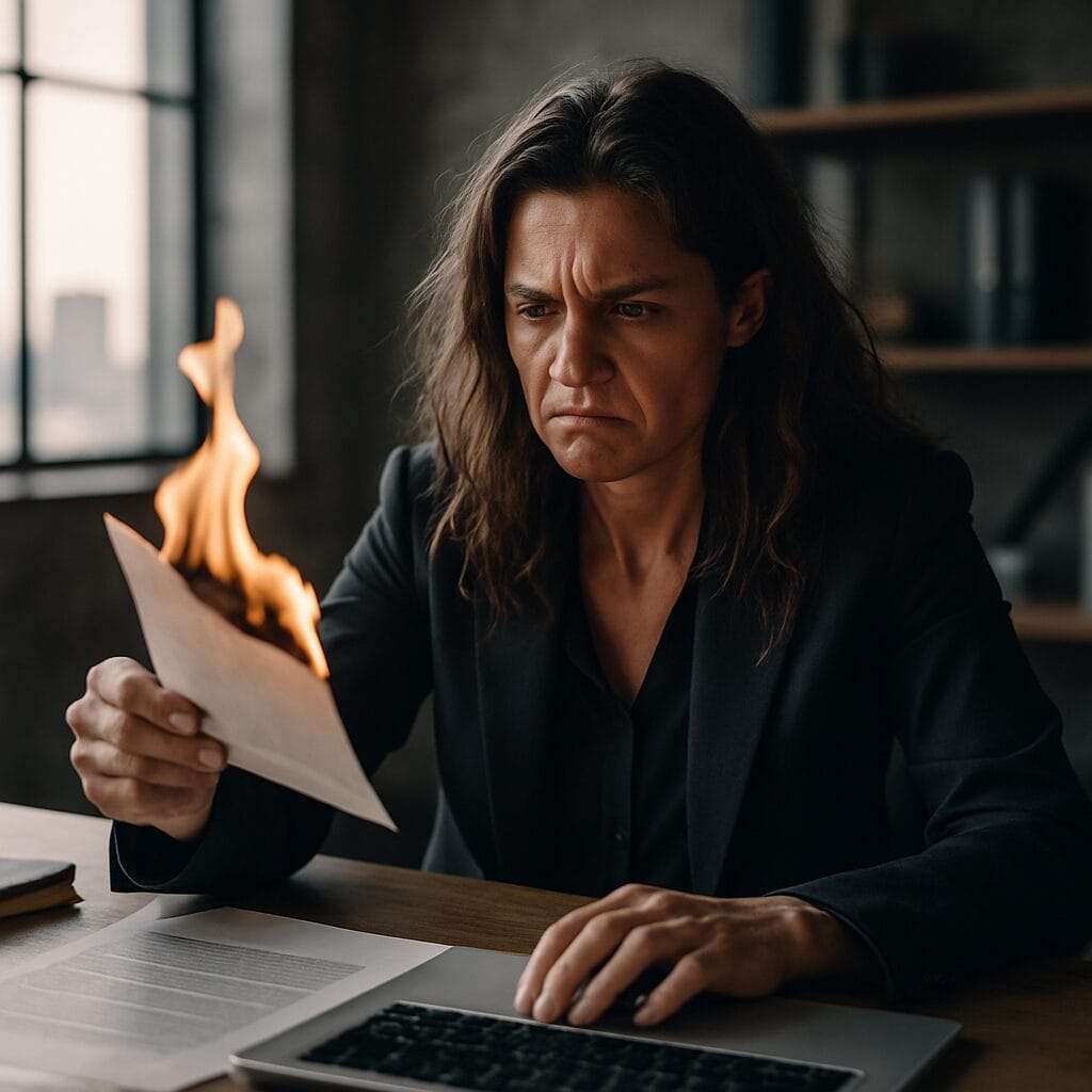 A digital photograph of a frustrated businesswoman in her late 30s standing in a dim office, papers mid-air, eyes closed in despair—capturing the raw emotional energy of trauma-fueled burnout and the urge to walk away from it all.