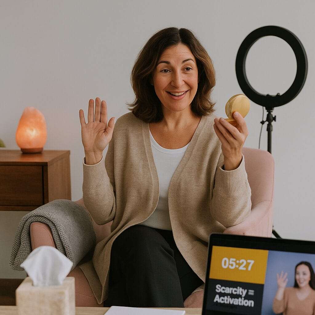 Mid-40s racially ambiguous woman smiling while adjusting her makeup, with a laptop showing “Scarcity = Activation” in the foreground