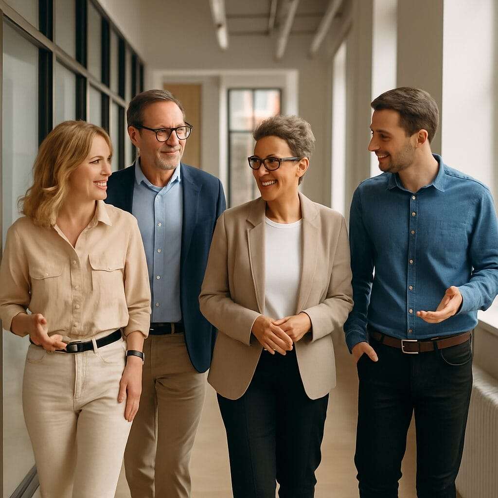 : Group of professionals walking and talking calmly through a bright office hallway