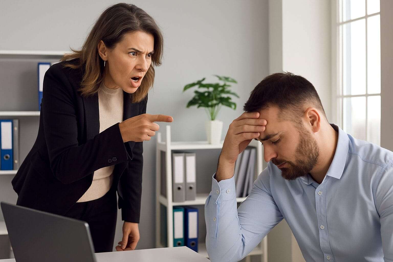 A professional woman sternly confronting a distressed male employee at his desk in a modern office