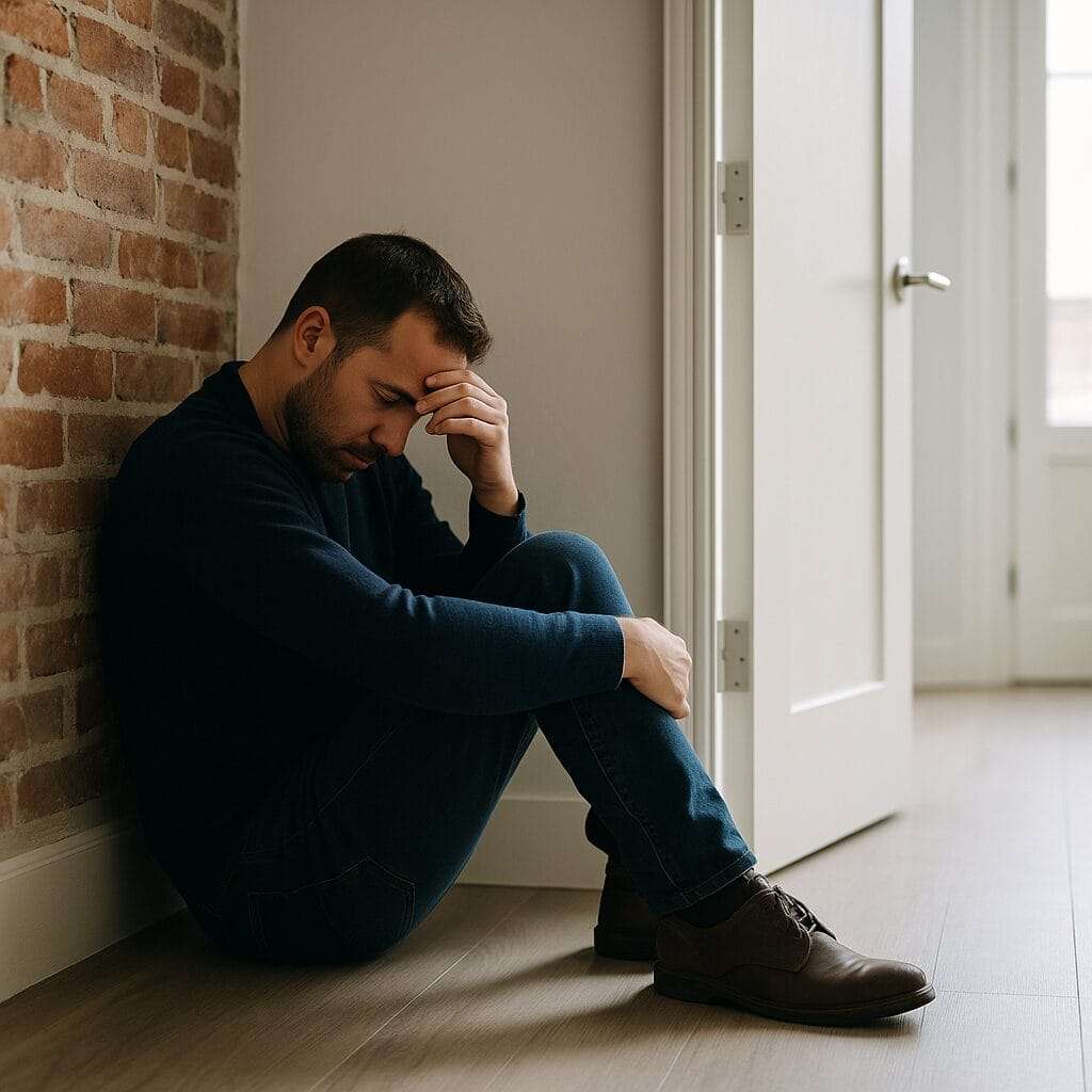 A man sits on the floor against a brick wall with his hand on his forehead, looking distressed. An open door nearby lets in soft sunlight, creating a contrast between inner struggle and outer calm.