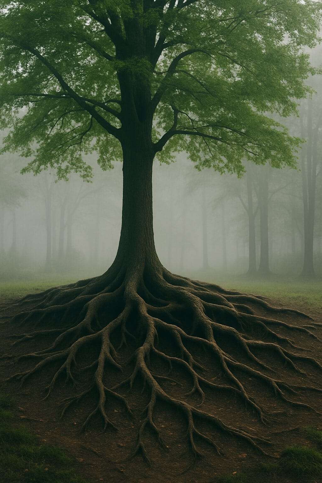 A large tree with exposed roots symbolizing stability, depth, and emotional grounding
