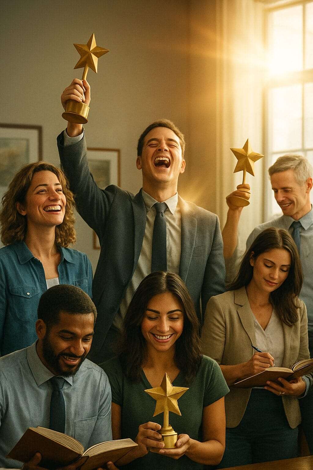 Group of diverse professionals holding up symbolic gold stars in recognition